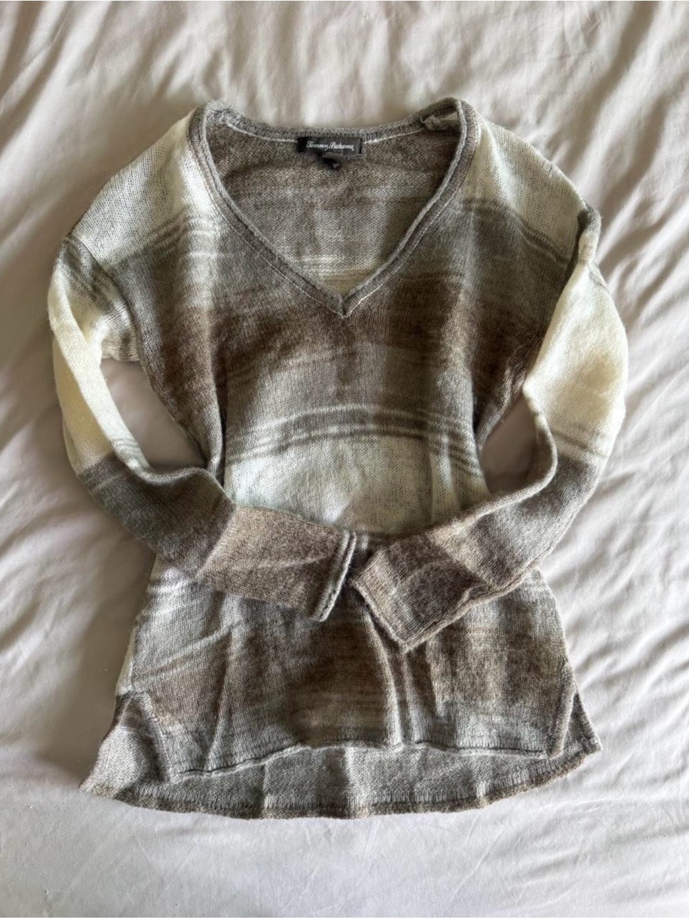 V-Neck Wool Blend Sweater - Taupe/Cream